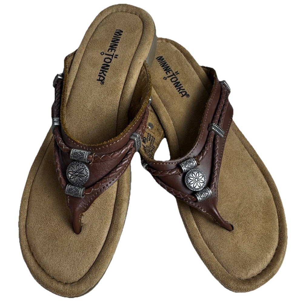 Minnetonka Women's Leather Thong Sandals Southwest/Native 360 Comfort Size 7 EUC - Picture 2 of 9